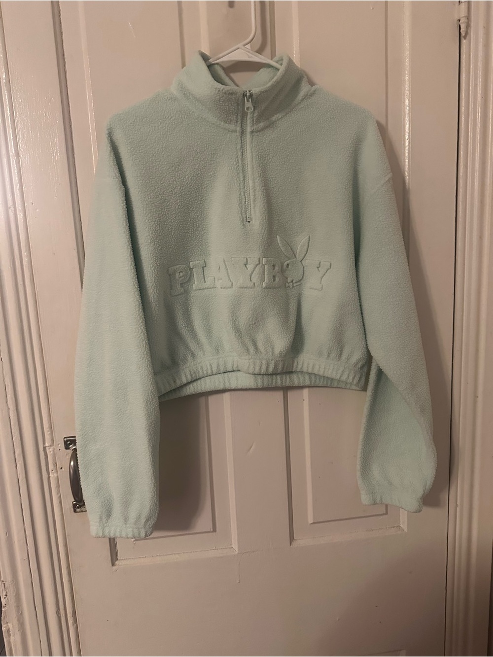 PLAYBOY Mint Green Half-Zip Cropped Fleece Pullover
